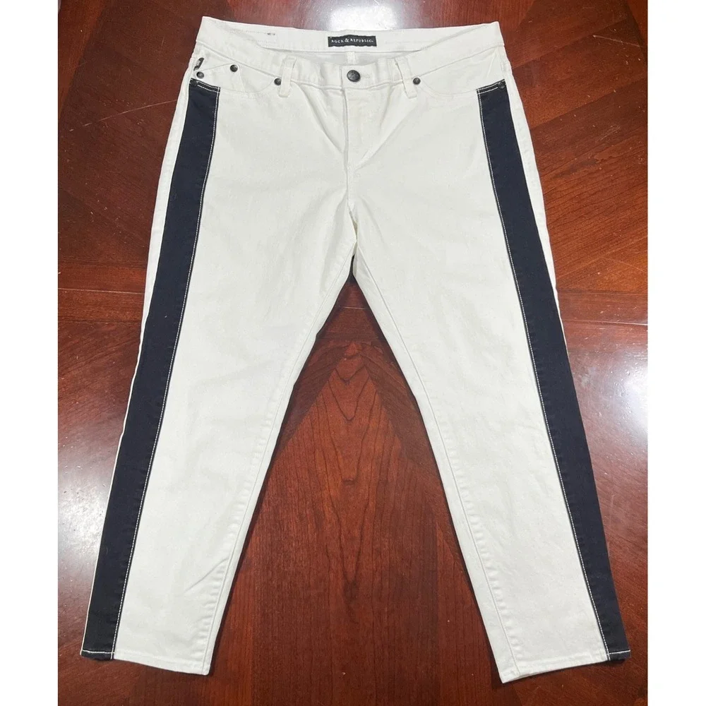 Rock & Republic Carnivale White Tuxedo Stripe Cropped Jeans Women 16 R210594 EUC